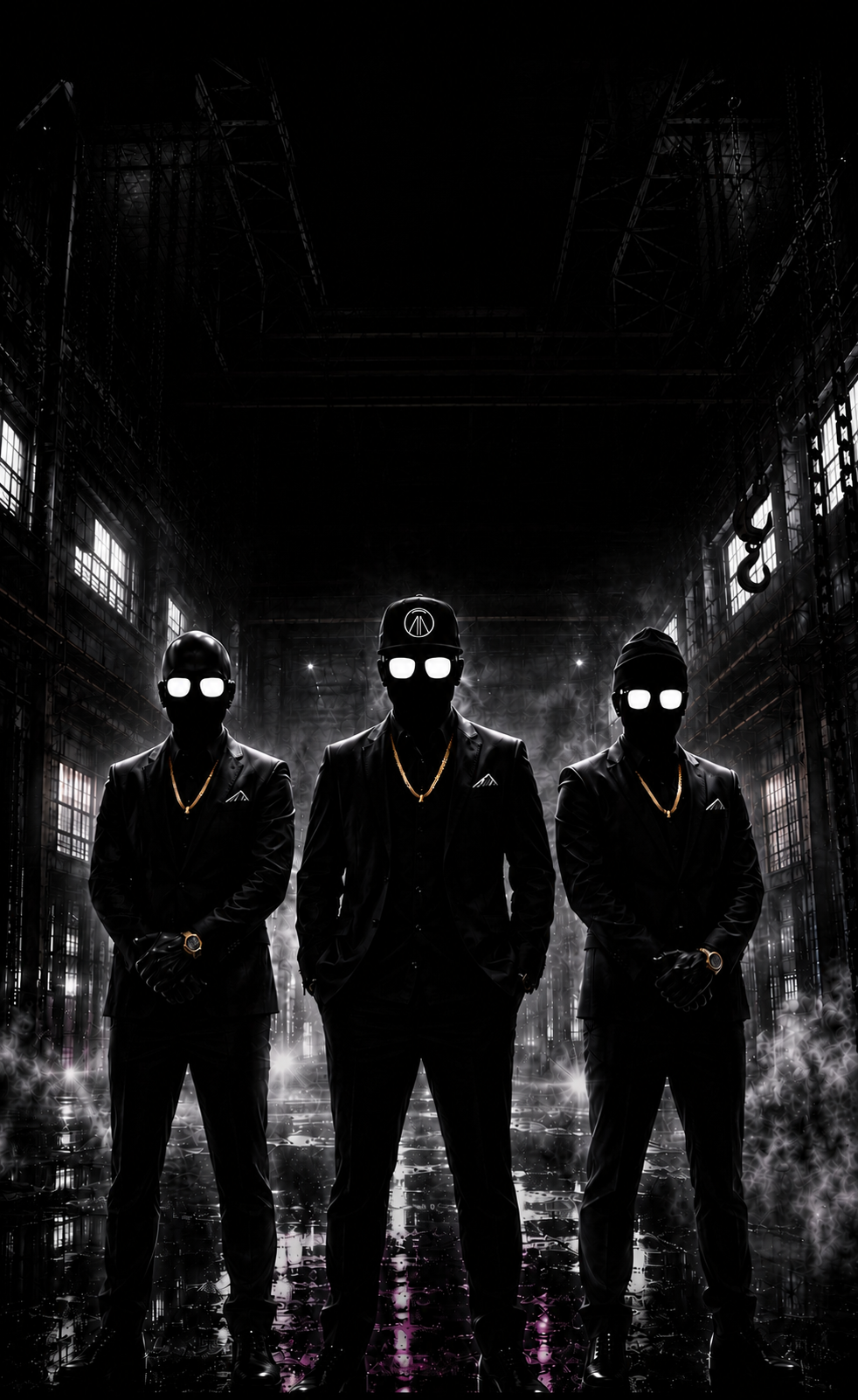 Broshigeez presented as three black-clad figures in a cinematic industrial space